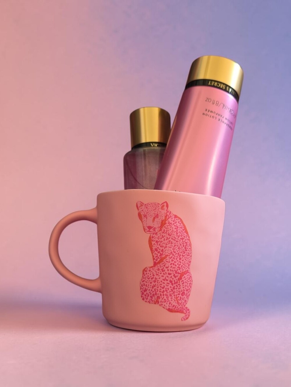 Pink Leopard Ceramic Mug with Victoria Secrect Lotion Ans Body Glitter